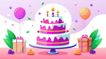 Joyful Celebration: A Beautiful Cartoon Vector of a Birthday Cake