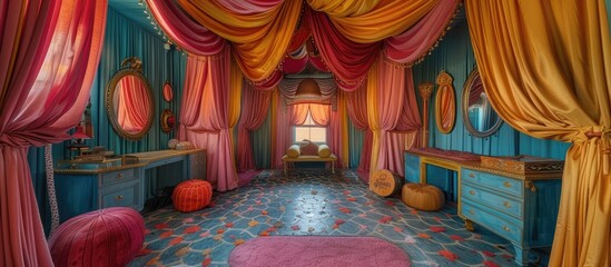 Whimsical Carnival Dressing Room with Vibrant Drapes and Vintage Circus Props