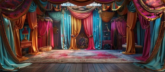 Whimsical Dressing Room in a Carnival Tent with Colorful Drapes and Vintage Circus Props - obrazy, fototapety, plakaty