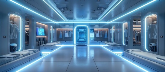 Futuristic Dressing Room in High-Tech Laboratory with Advanced Fabric Scanners and 3D Body Mapping Technology - obrazy, fototapety, plakaty