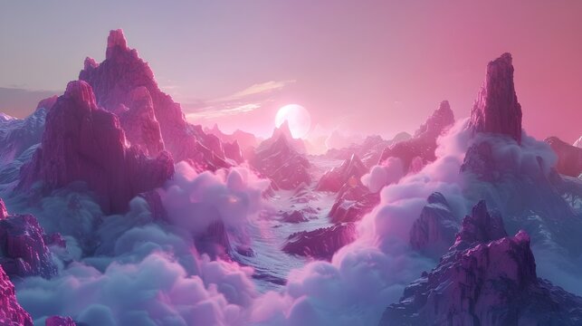 Pink Sunrise Over Mountains with Purple Moon
