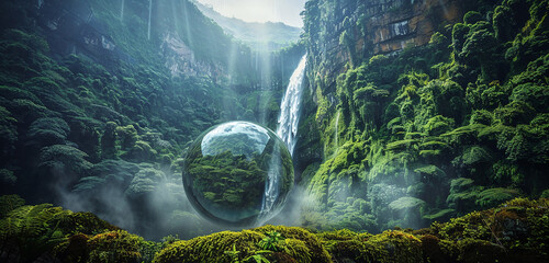 A majestic waterfall cascading down a lush mountainside, its mist veiling the surrounding landscape within a 3D glass globe. - obrazy, fototapety, plakaty