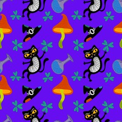 Fototapeta premium Halloween black cat seamless witch cat and mushrooms and poison bottle pattern for wrapping and fabrics