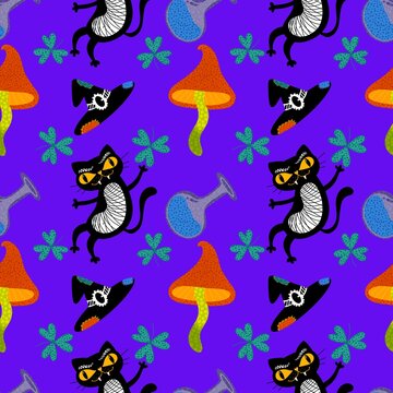 Halloween black cat seamless witch cat and mushrooms and poison bottle pattern for wrapping and fabrics