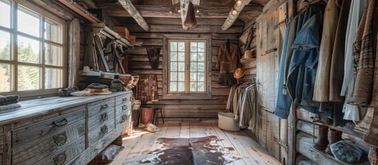 Rustic Dressing Room in a Charming Log Cabin with Exposed Wooden Beams and Cozy Animal Hide Rugs