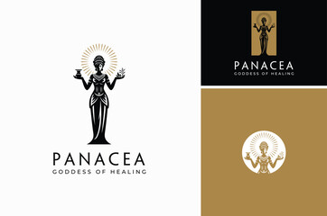 A silhouette of a beauty woman with pot cup and leaf. A sculpture of Panacea, goddess of healing pharmacy wellness logo design