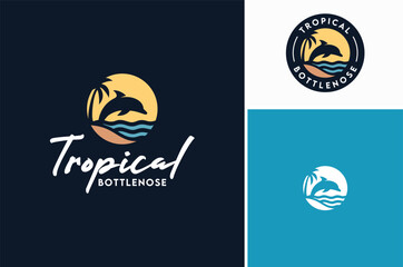 A bottlenose dolphin with palm tree, sun, ocean sea waves and beach sand for aquatic sealife wildlife conservation logo design.