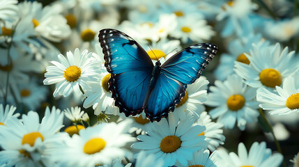 a vibrant blue butterfly gracefully fluttering amidst a field of white daisies.
