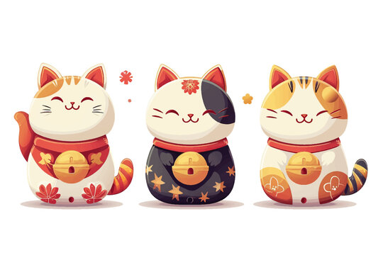 Cute Asian Prosperity and Lucky Cats in Chinese, Korean and Japanese Style Isolated White Background