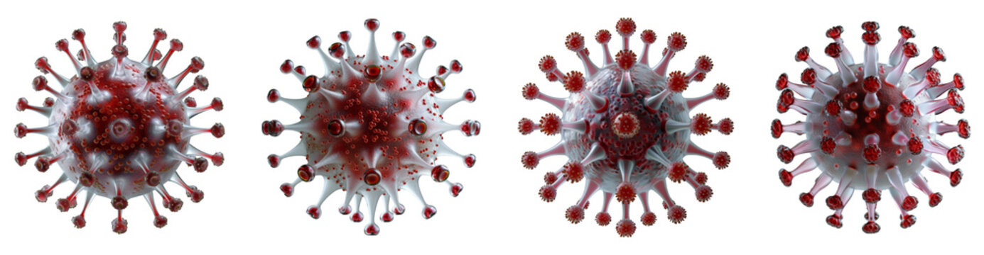 Set of 4 crystal clear macro viruses png isolation on transparent background, macroscopic quartet