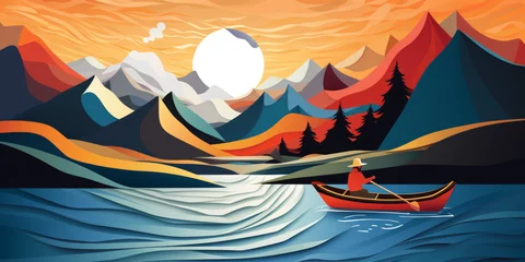 Fotobehang Paper Boat Fisher: Abstract Mountain River Artwork © jesica
