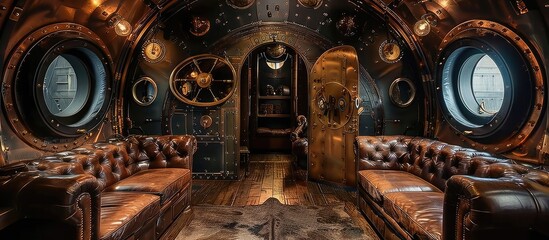 Captivating Steampunk Airship Dressing Room with Ornate Brass Fittings and Leather Armchairs