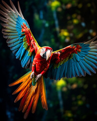 Vibrant Macaw Swooping Enchanted Forest Scene Photo