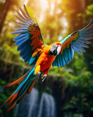 Colorful Parrot Flying Enchanted Woods Background