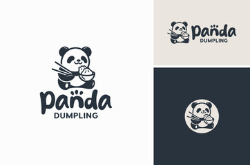 A cute panda eats dimsum dumpling  gyoza jiaozi shumai xiao long bao mandu from bowl with chopsticks. Mascot logo design for asian chinese korean japanese oriental cuisine restaurant. © Enola99d