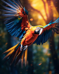 Colorful Macaw Flies Enchanted Woods Background Photo