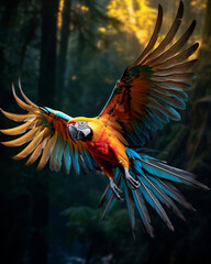 Bright Parrot Glide Enchanted Forest Scene