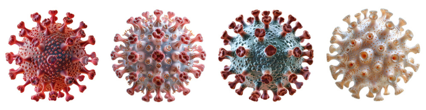 Set of 4 macro viruses png on transparent background 3d rendering, immersive viral display