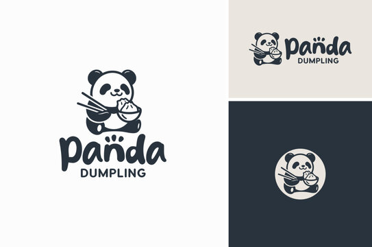 A cute panda eats dimsum dumpling  gyoza jiaozi shumai xiao long bao mandu from bowl with chopsticks. Mascot logo design for asian chinese korean japanese oriental cuisine restaurant.