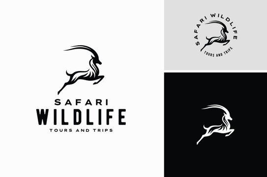 Running Jumping Leaping Ibex Antelope silhouette for adventure outdoor zoo safari travel trip or wildlife conservation logo design