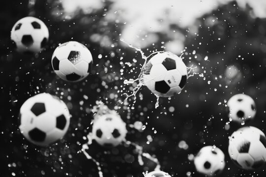 Dynamic Black and White Image of Soccer Balls Suspended in a Splash of Water Drops