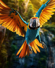 Vibrant Macaw Soaring Enchanting Forest Background