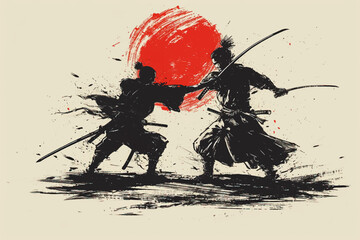 Abstract scene of two samurais duel on the sunset, japanese style hand drawn digital art illustration painting background