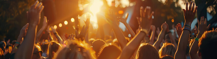 Sunset Serenade: Ecstatic Crowd with Hands Aloft