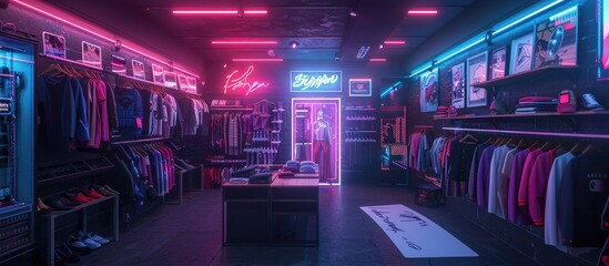 Retro-Futuristic Dressing Room with Holographic Advertisements and Neon Lighting in a Vibrant Urban Setting - obrazy, fototapety, plakaty