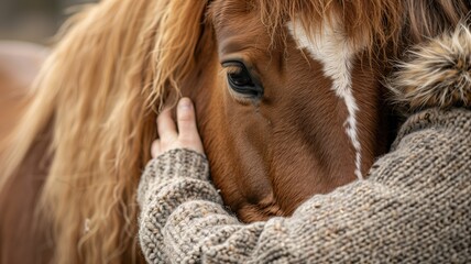 Person in a knit sweater petting brown horse, close-up of horse's face and person's hand