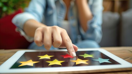 Fototapeta premium Person touching a red star on digital tablet screen with four other stars, symbolizing rating or feedback