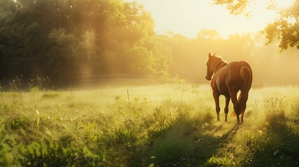 A horse walks in a sunlit field at sunrise or sunset, with the light creating warm glow - obrazy, fototapety, plakaty