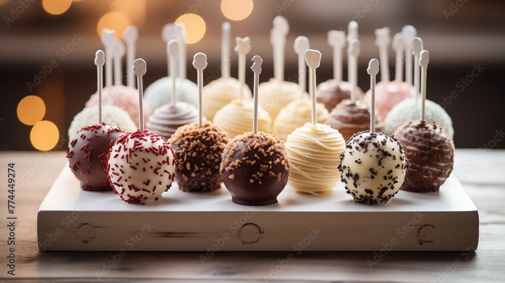 Wall mural cake pops displayed on a rustic cake stand with a handwritten 