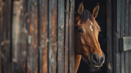 A brown horse with a white blaze peers out from wooden stable door - obrazy, fototapety, plakaty