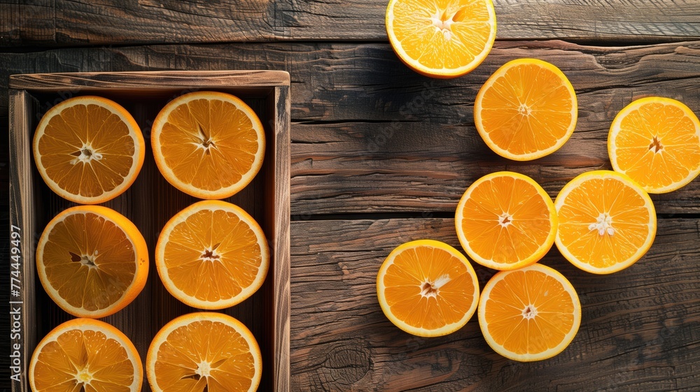 Poster sliced oranges arranged neatly inside a wooden box and scattered on rustic wood surface