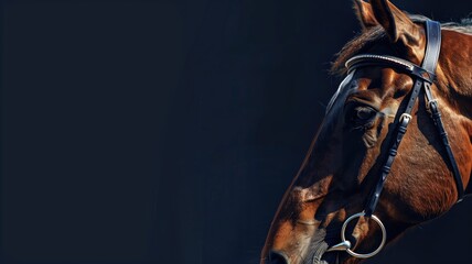 Close-up of a brown horse's head against dark background, showcasing its bridle and glossy coat