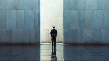 Guard in uniform standing at attention a serene, sunlit hallway with reflective floor and marble walls