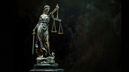 A statue of Lady Justice holding scales and a sword against dark background - obrazy, fototapety, plakaty