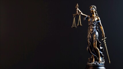 Bronze statue of Lady Justice holding scales and a sword against dark background