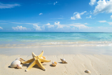 Fototapeta na wymiar A sandy beach with scattered shells and a starfish overlooks a tranquil turquoise sea under a clear blue sky