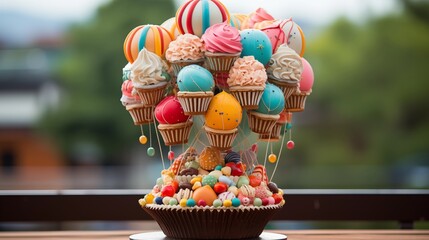 Cake shaped like a hot air balloon basket overflowing with colorful cupcakes and treats.