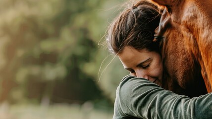 A woman lovingly embraces a brown horse, their close bond evident as they enjoy tender moment together