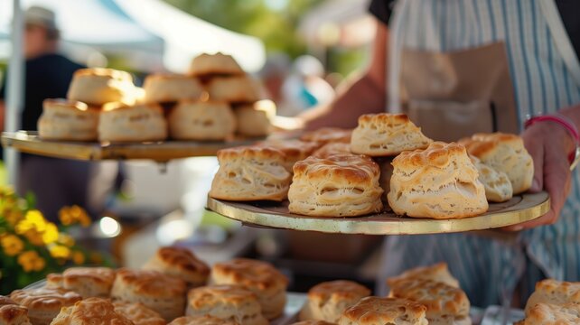 A vendor holds a tray of fresh baked goods at market