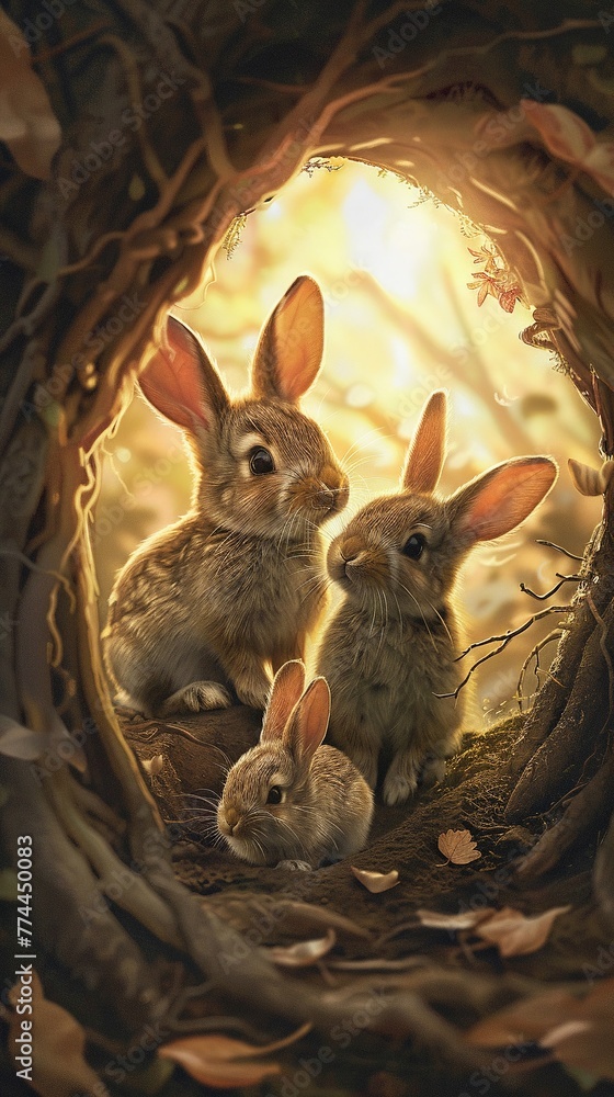 Wall mural Rabbit family in burrow entrance, soft sunset, intimate perspective, tranquil vibe - Wall murals