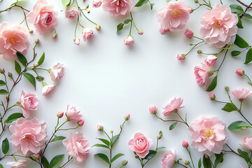Round frame wreath pattern with pink camellia flowers. Flat lay
