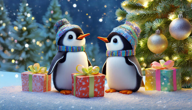 Cute baby penguins around gifts near the Christmas tree on a winter's night. Generative AI.