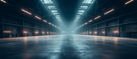 Spacious and dimly lit industrial warehouse featuring a prominent light beam shining through - Powered by Adobe