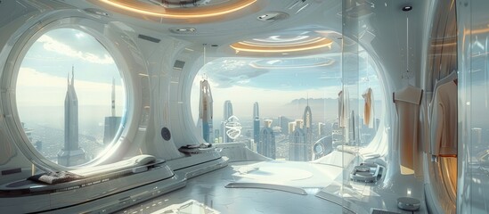 Panoramic Futuristic Dressing Room in a Floating Metropolis with Glass Floors and Breathtaking Urban Skyline Views