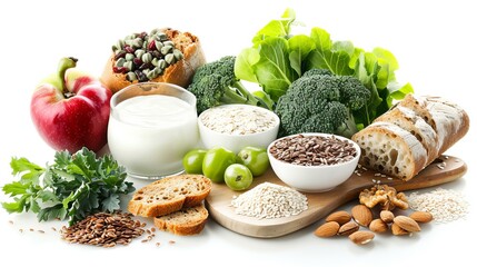 Foods good for gut health like kefir, probiotics, leafy greens, apples, fiber-rich foods, dried fruits, nuts, pepper, whole grain bread, grains, broccoli