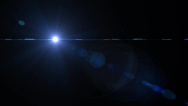Optical Lens flare effect on black background. Sun in space. Anamorphic lens effect in blue tone, 4K video. Overlay light effect animation. Cinematic Light flashes. 